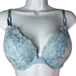 Victoria's Secret Push Up Bra 32DDD Baby Blue Lace Underwire Padded Feminine